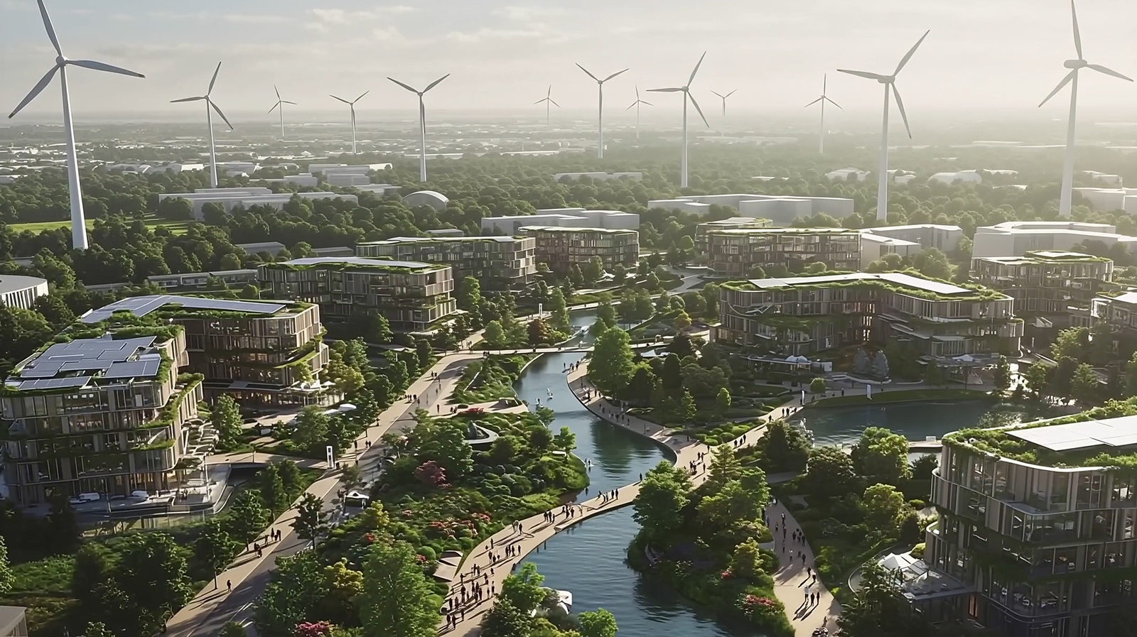 A green future city with planted rooftops, waterways and renewable energy